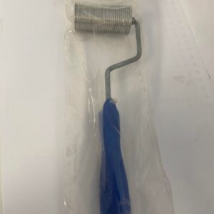 A paint roller with metal roller and blue handle