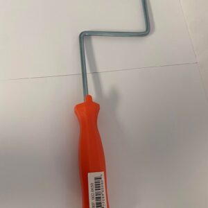 A metal paint roller with an orange handle