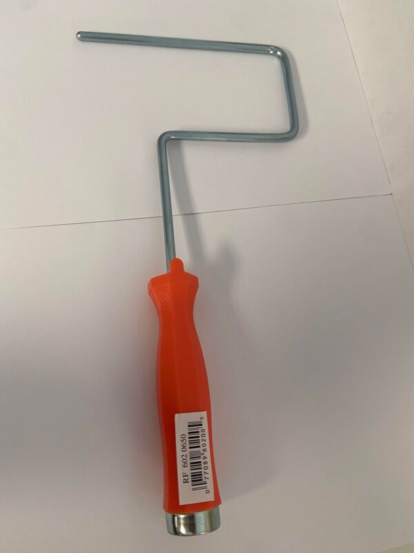 A metal paint roller with an orange handle